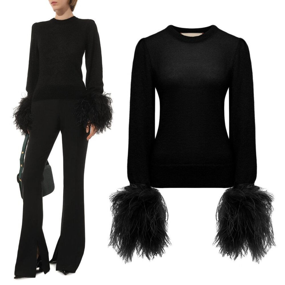 GUCCI SWEATER REMOVABLE FEATHER CUFFS BLACK MOHAIR WOOL sz S / Small